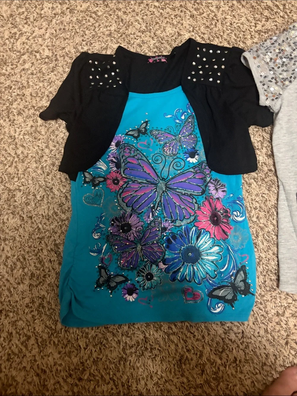 Justice Girls' Teal Butterfly Dress & Grey Sequin Dog Tee Set